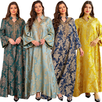 Robe longue maxi Abaya Kaftan pour femmes musulmanes, en polyester jacquard floral doré, respirante, col montant, encolure en V, manches longues larges