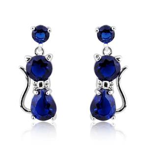 Pendientes colgantes de gato azul zafiro E3821 para mujer, joyería de aleación, regalo, pendientes de moda con piedras redondas de corte brillante y engaste de garra. - Product Image 3