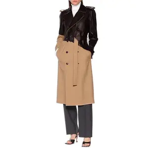 New Fashion Design Women High Quality Pu Leather Khaki Twill Double Breasted Long Trench Coat