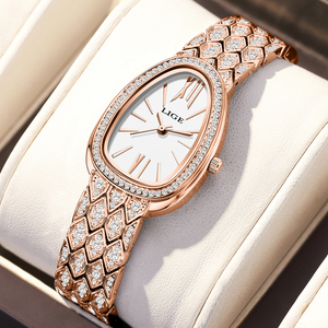 LIGE LG89275 bracciale ovale oro rosa acciaio ghiacciato <span class=keywords><strong>Roman</strong></span> orologio da donna elegante quarzo diamante orologio Vintage per ragazze - Product Image 1