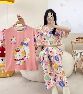 Kadın 3 In1 pijama 2 kısa kollu üst t-shirt 1 pantolon 3 adet Set pijama kore yumuşak ev kıyafeti karikatürler Baju Tidur - Product Image 3