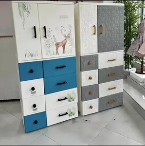 Gabinete de almacenamiento de 7 capas de estilo chino con percha y cajones, armario de puerta de apertura de lados de plástico con 4 cajones grandes y 4 S