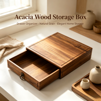 Boîte de rangement en bois d'acacia massif avec tiroir amovible, poignée métallique vintage, boîte carrée en bois pour bureau, chambre à coucher