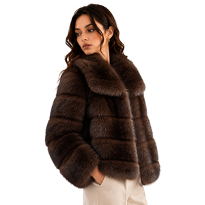 Abrigo Corto de Piel Sintética Marrón para Mujer, con Solapa Grande y Rayas Horizontales, Prenda de Invierno de Lujo, Chaqueta Elegante para Fiesta - Product Image 2