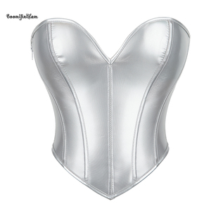 Women's Corset <strong>Top</strong> Y2K Metallic Shiny Open Back Boned Bustier Aesthetic Leather Bodyshaper <strong>Crop</strong> <strong>Tops</strong> <strong>Silver</strong> - Product Image 3