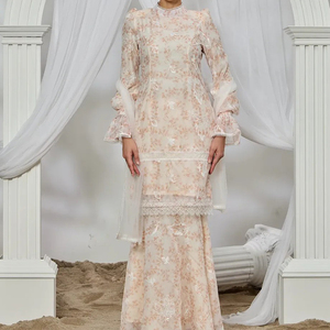 <span class=keywords><strong>2025</strong></span>年ラヤ最新デザインEid花印刷マレーシアBaju Kurungヒジャーブイスラム教徒女性ドレス控えめなセット服 - Product Image 1