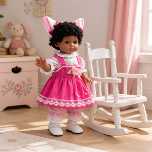 Muñeca Reborn Afroamericana de Vinilo de 18 Pulgadas con Orejas de Conejo, Vestido Rosa y Cabello Rizado Negro para Juego de Imitación - Product Image 2