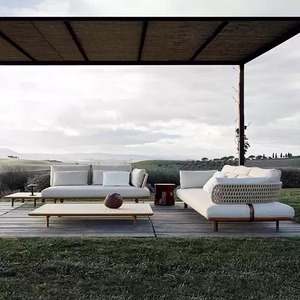 Ensemble de canapés d'extérieur en teck sur mesure avec accoudoirs en corde tressée, coussins imperméables à séchage rapide, résistants aux intempéries, pour villa, patio, jardin - Product Image 1