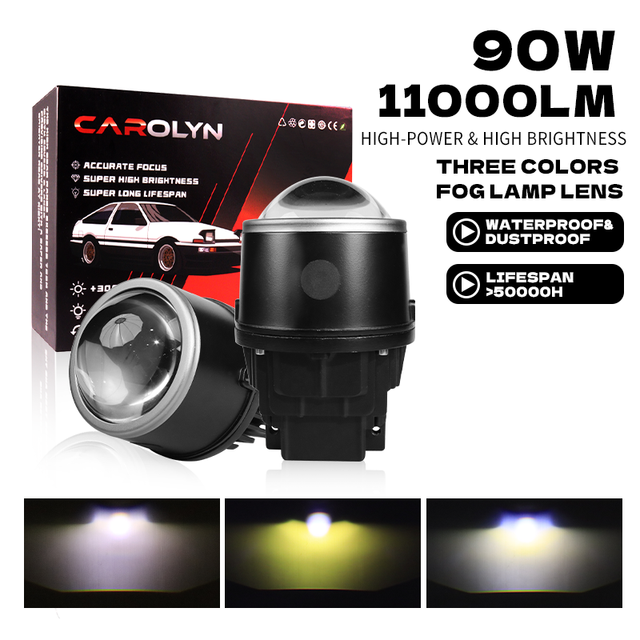 90W 11000LM Three Color LED Fog/Driving Lights 3 Inch Bi LED Laser Projector Fog Light H3 H8 H11 Led Fog Lamp for Cars
