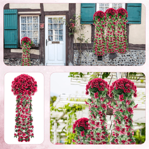 Ensemble de 4 fleurs artificielles violettes suspendues, décorations <span class=keywords><strong>pour</strong></span> mariages, décoration intérieure et extérieure (rose rouge) - Product Image 5