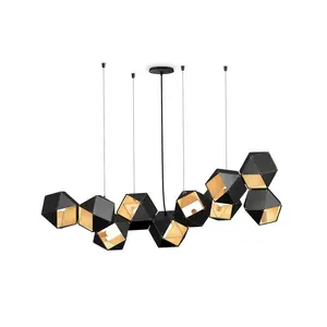 Dekorasi kamar tidur, lampu gantung geometris stainless steel hitam emas 10 kepala, dekorasi modern Nordik mewah