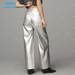 Pantalón de mujer de tela de cuero con logotipo personalizado, pantalón informal de talla grande para mujer - Product Image 3