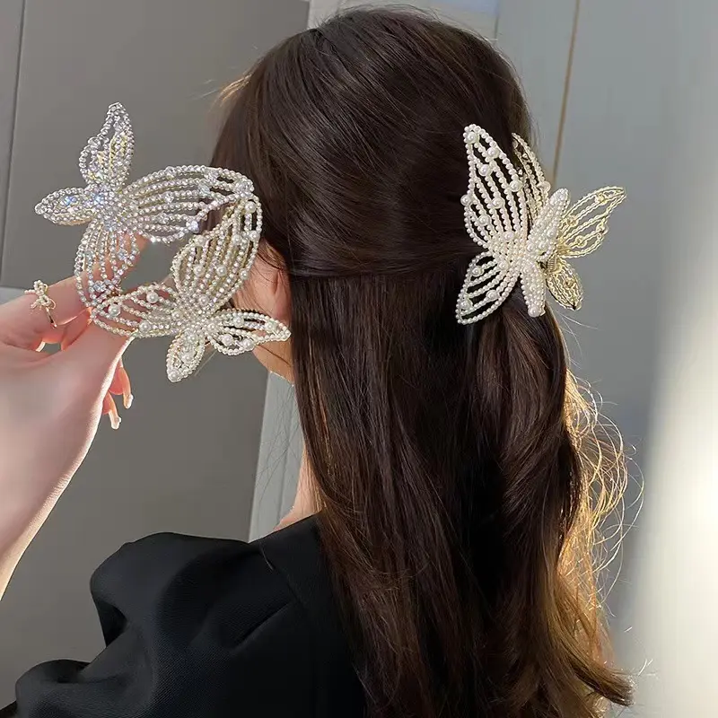 Pince à cheveux en forme de papillon avec perles en strass pour femme, accessoire de coiffure luxueux et de tempérament, nouvelle collection