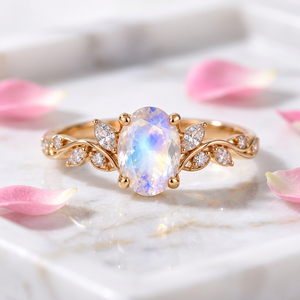 Oval Rainbow <b>Moonstone</b> Ring 925 Sterling Silver Leaf Vine Engagement Ring Gold Plated Custom Gemstone <b>Jewelry</b> - Product Image 6