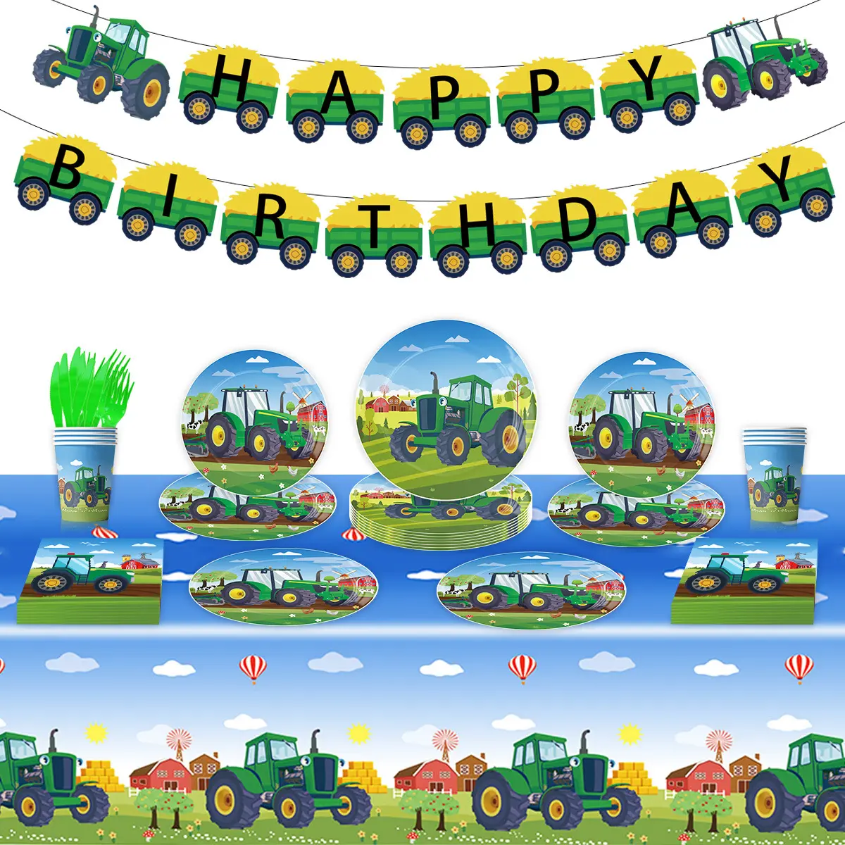 Tracteur fête tracteur papier joyeux anniversaire bannière assiette serviette tasse fête à la ferme