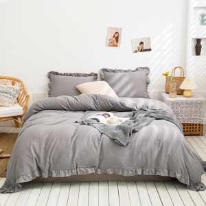 Boman Home Textiles Koreaanse stijl driedelig effenkleurig voorgewassen dekbedovertrekset met geruite kantbies - Product Image 3