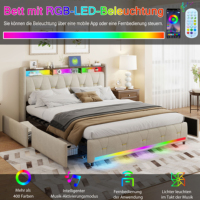 Améliorez votre chambre avec ce lit en tissu gris avec 4 tiroirs de rangement, poignées dorées, USB-C et lumières musicales