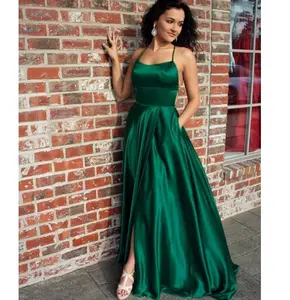 Thin Shoulder Strap Front Slit Girls Prom Gowns Long Plus Size 2020 Sexy Open Back Prom Dress