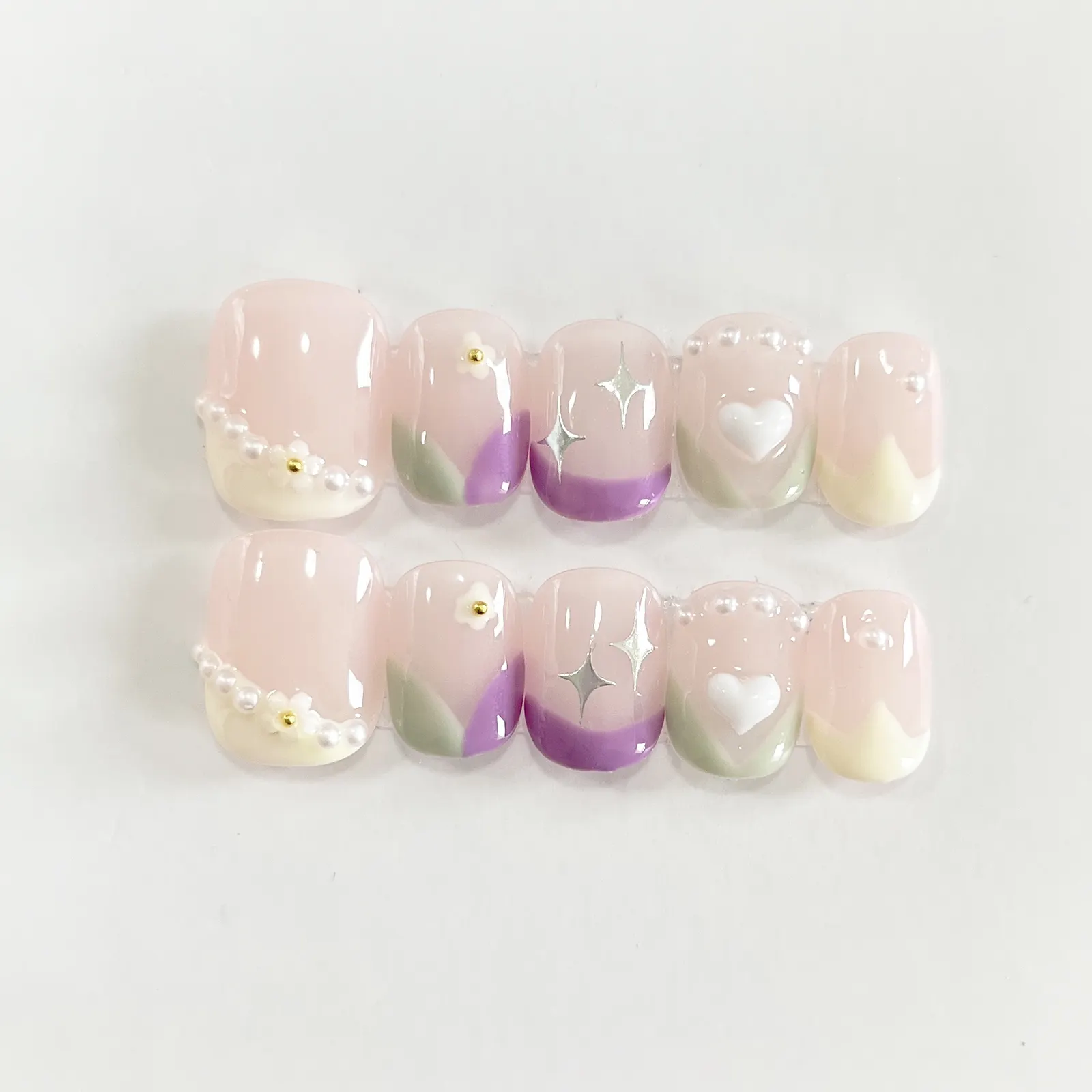 Lovely Fantasy Short Square Nude False Nails with Purple French and Pearl Design Full Cover High Quality Press On Nails