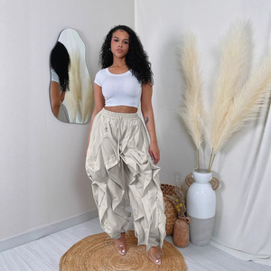 Pantalon de jogging ample pour femme à volants et franges, taille élastique avec cordon de serrage, coupe lanterne, style parachute, jambe large - Product Image 3