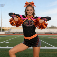 Tenues de cheerleading Glam Noir Orange Rose avec strass, haut à manches longues et jupe, service OEM pour compétitions d'équipes de cheerleading