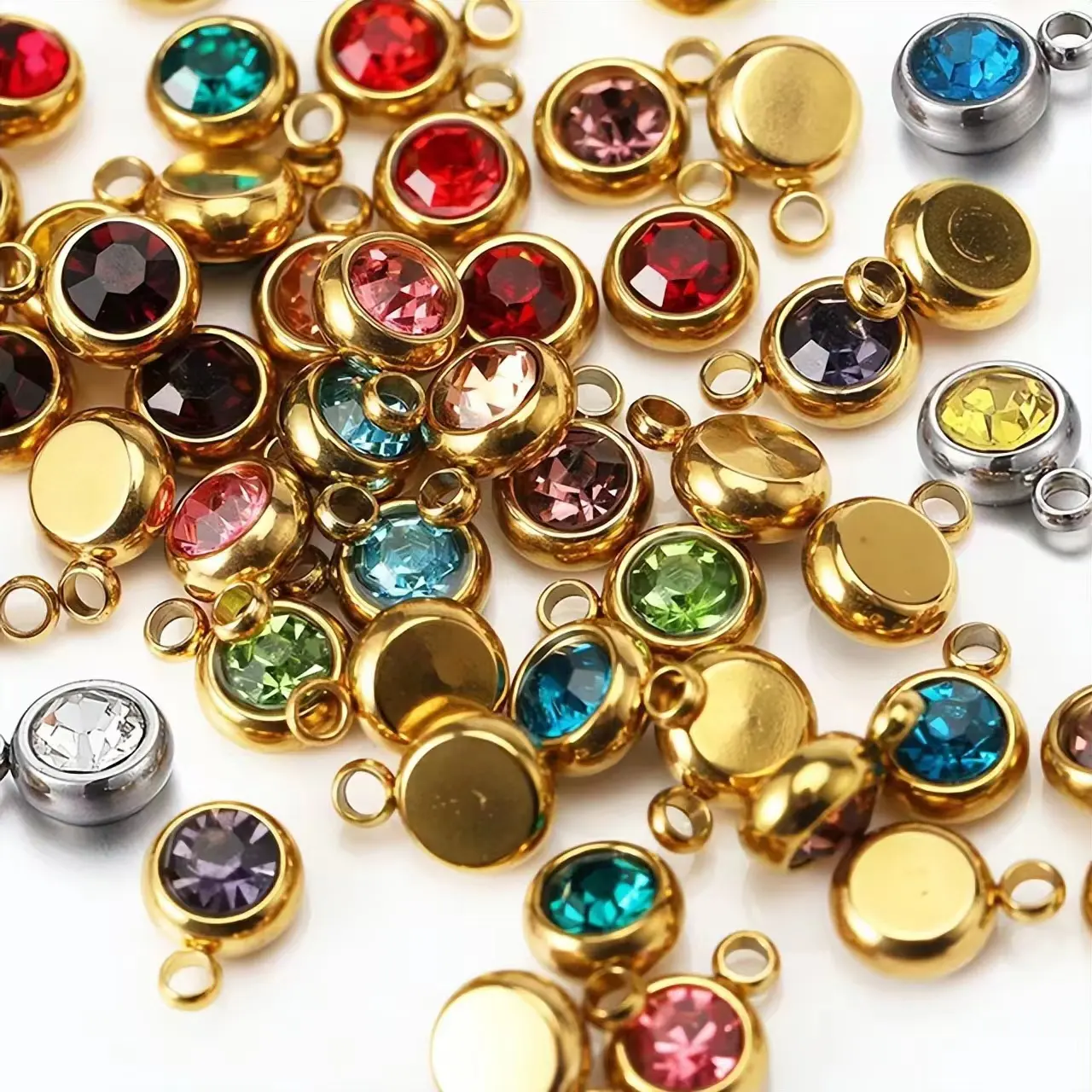Gold Color Round Crystal Birthstone Stainless Steel Charm Beads Pendants for Jewelry Making