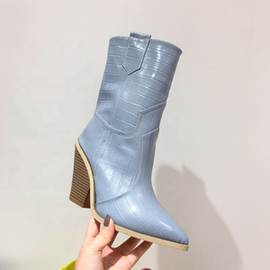 Stone Print Autumn <b>Slip</b>-on Mid-Calf Women Boots Pointed Toe Shoes Wood Grain Chunky Heel <b>Half</b> Knee High Booties for Ladies - Product Image 6