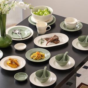 Vaisselle en céramique solide verte et blanche fabriquée en Chine à bas prix avec des points en relief, ensemble de vaisselle en céramique de luxe - Product Image 5