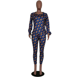 Ensemble deux pièces pour femmes, style tendance, vêtements pour femmes européens et américains, automne, nouveau, manches longues, t-shirt ample pour femmes, <span class=keywords><strong>pantalon</strong></span> à carreaux - Product Image 4
