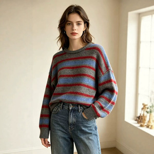 Pull en coton tricoté à manches longues pour femme avec logo personnalisé OEM, col rond, décontracté, hiver, rayures sur le devant, séchage rapide, respirant - Product Image 5
