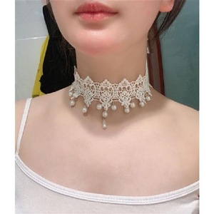وصل حديثًا قلادة من اللؤلؤ والدانتيل الأبيض الفائق الجنية ، قلادة جميلة لطيفة ، مجوهرات راقية قصيرة ، قلادة ضيقة للنساء - Product Image 3