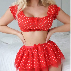 Ensemble Deux Pièces <span class=keywords><strong>Lingerie</strong></span> <span class=keywords><strong>Sexy</strong></span> à Pois Épaules Dénudées Type Jupon, en Stock Usine, Vente en Gros - Product Image 3