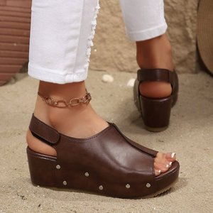 Sandales compensées noires et marron à bout amande, boucle monobloc, doublure en cuir synthétique, talon de 6,0 cm, chaussures pour femmes - Product Image 2