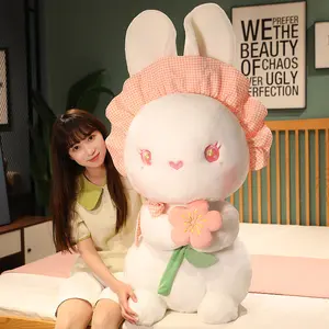Custom Plush Toy Manufacturer Big Size Plush Rabbit Pillow Toy with Flower Stuffed Animal Toys Bunny Rabbit Stuffed Animal