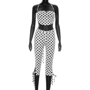 Viviblook C26ST128 Women Summer <b>Set</b> New Polka Dot Print Sleeveless Halter Strap Vest Crop Top Cropped Pant Two Pieces <b>Set</b> - Product Image 1