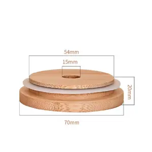 Couvercle de pot de maçon en bois de bambou réutilisable de haute qualité avec trou de paille bouchons de paille et de paille en acier inoxydable colorés