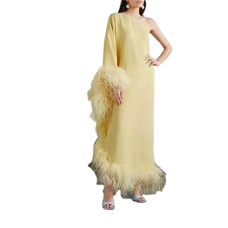 Custom 100% Ostrich Feather-trimmed Crepe Maxi Pretty Party Dress Women Pastel Yellow Rayon Feather Casual Elegant Lady Dress
