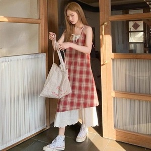 French Style Blue Plaid Suspender Dress Spaghetti Strap Mid Length Casual Dress For Holiday Beach Vacation - Product Image 3