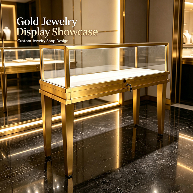 A Golden Stainless Steel Jewelry Display Stand with Built-in LED Lights and a Custom Lockable Glass Jewelry Display Cabinet