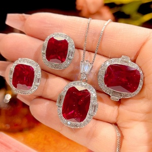 Hot Selling Eco-friendly Copper 12*16/10*12MM Red Zircon Square Necklace <b>Earrings</b> Ring Jewelry Sets for Wedding Bridal Party - Product Image 3