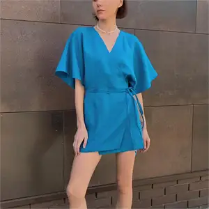 Custom High Quality Casual Summer Belts A-Line Solid Color Natural Waist Mini Cotton Linen Dresses For Women Short Sleeve Linen