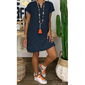 Robes en <span class=keywords><strong>coton</strong></span> et <span class=keywords><strong>lin</strong></span> pour femmes, robes décontractées d'été, manches courtes, col en V, mini <span class=keywords><strong>robe</strong></span> vintage, robes <span class=keywords><strong>de</strong></span> <span class=keywords><strong>plage</strong></span> pour femmes, grandes tailles - Product Image 3