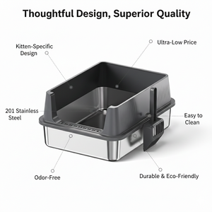 Bac à litière carré en acier inoxydable avec design ouvert, facile à nettoyer, construction durable, grande capacité, rebord haut - Product Image 2