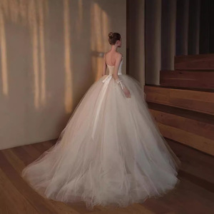 Wedding Dress Ball Gown Ivory White Tulle Sweetheart Neckline Natural Waist Straps Vintage Style Long Train - Product Image 4