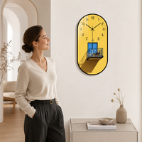 Jam Dinding Seni Dekoratif PVC HD Warna-warni dengan Desain Kuning dan Biru untuk Ruang Tamu