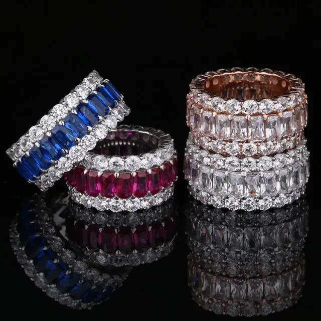 925 Sterling Silver White Gold Plated 4 Colors Baguette Cut and Round Cubic Zirconia Triple Row Eternity Ring