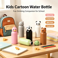 Botol Air Termos Stainless Steel Dinding Ganda Anti Bocor Bebas BPA dengan Tutup Motif Hewan Lucu, Cangkir Karakter Kawaii untuk Anak dan Dewasa