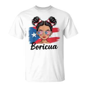 Maglietta Puerto Rico Boricua da donna con design a chignon disordinato ispirato al patrimonio ispanico - Product Image 1