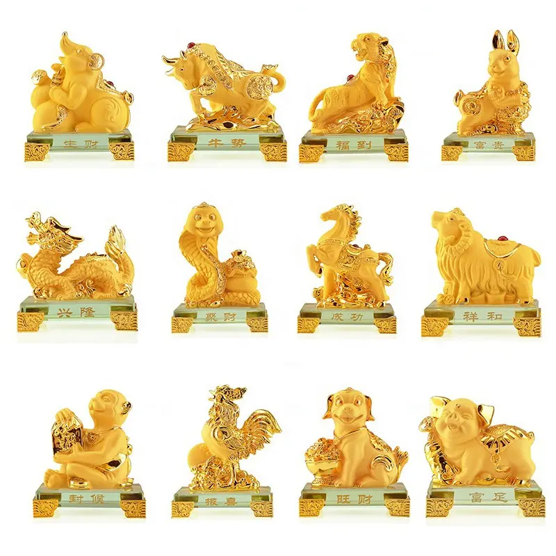 Gouden Hars Feng Shui Standbeeld Home Office Desktop Decoratie Zodiac Sculptuur Collectie Geschenk Woonkamer Ambachten