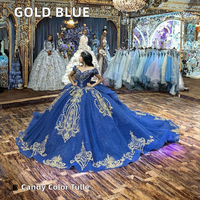 Robe de bal épaules dénudées pour Quinceañera avec paillettes et dentelle, grande taille, longueur ras du sol, bleu roi et or